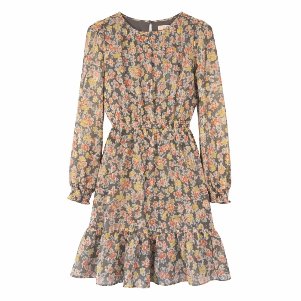 LOFT Womens Small Floral Metallic Gold Foil Dot Long Sleeve Ruffle Flounce Dress - Picture 4 of 10